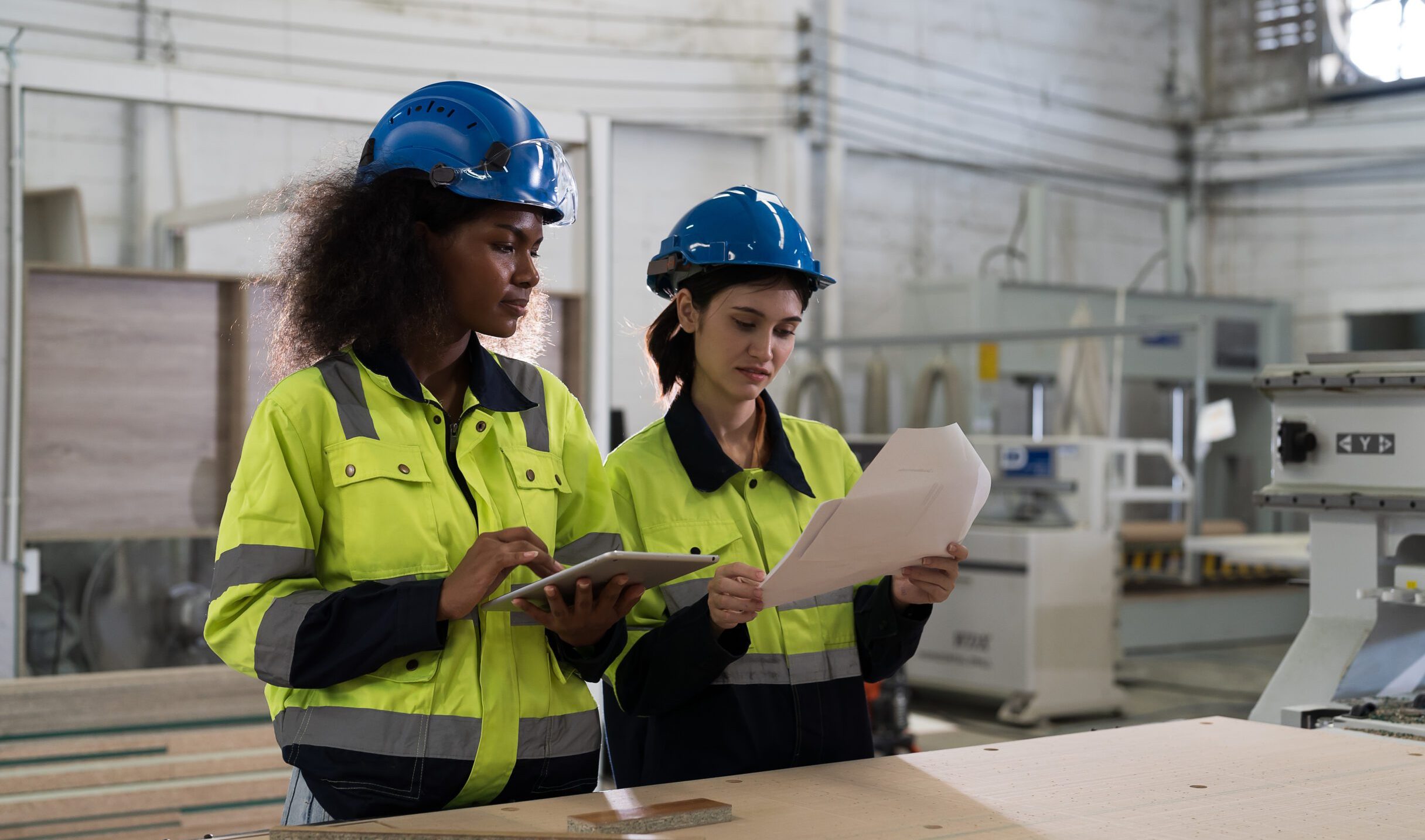 Two female engineer worker working and planing of work in industry factory. Group of female workers in the factory