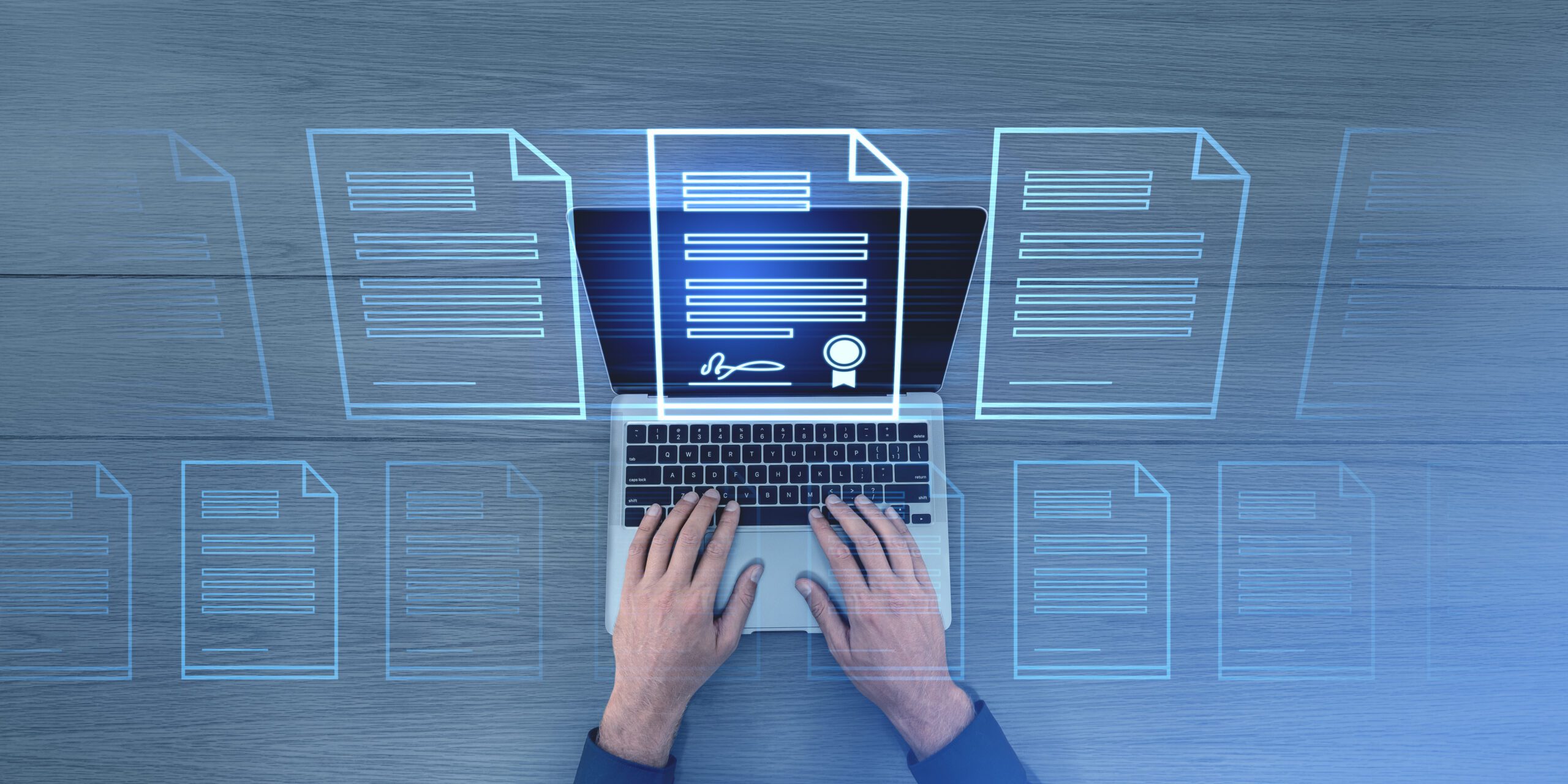 e_certificate - Man typing on laptop, glowing electronic document files and digital signature