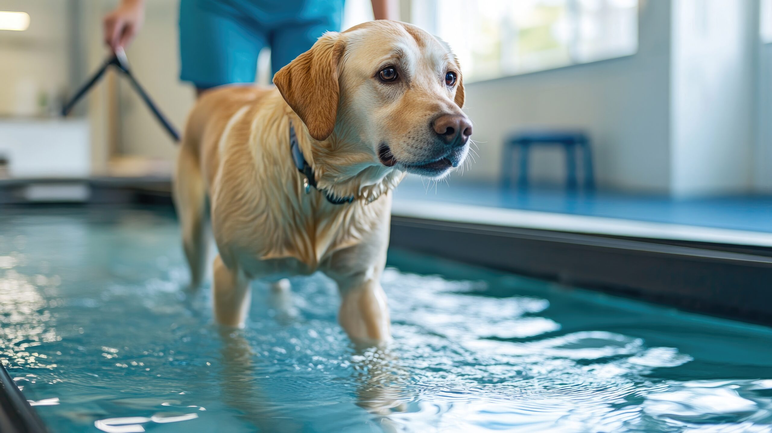 A Labrador retriever is training on an water treadmill during a veterinary rehabilitation session to enhance muscle strength and mobility