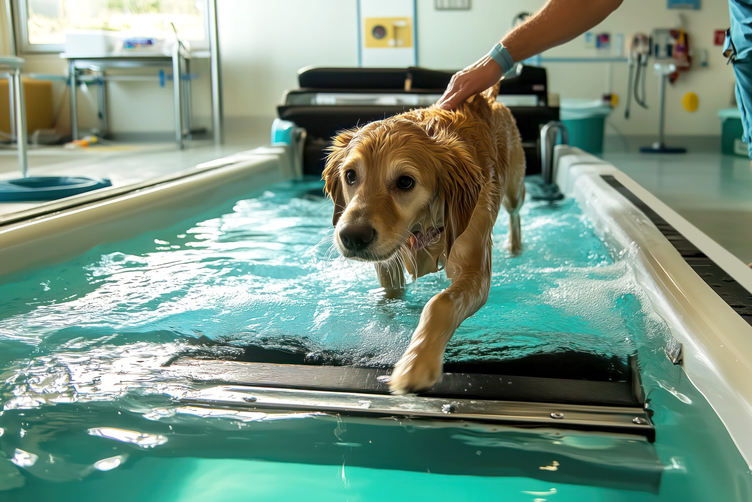 Veterinary professional supporting golden retriever during underwater treadmill rehabilitation therapy