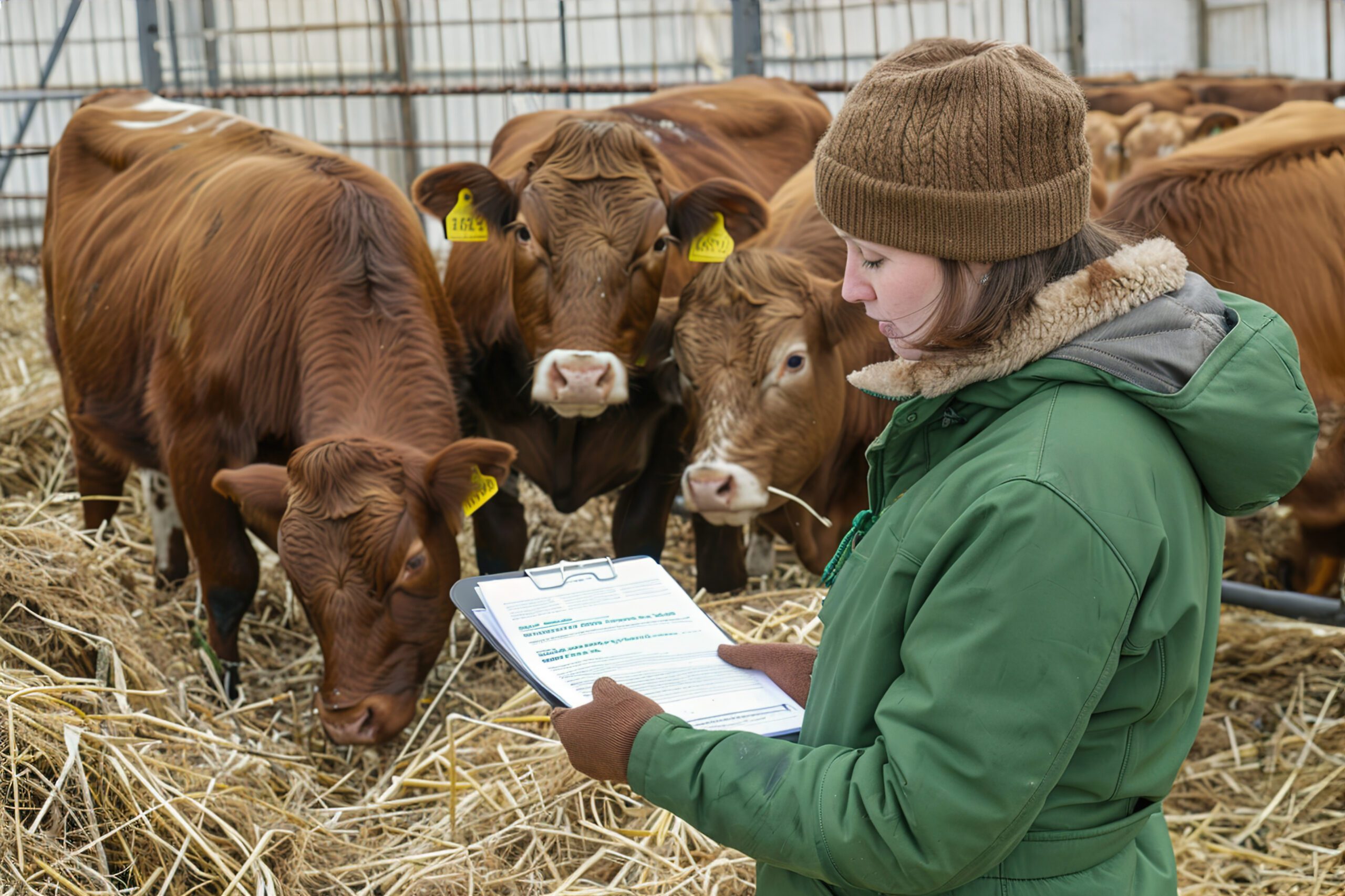 Organic inspector inspecting livestock on farm, adherence to organic farming certification requirements