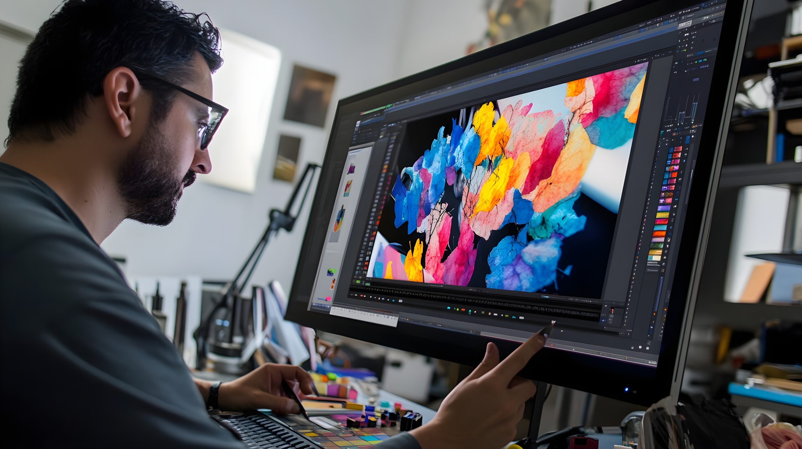 A photo of a graphic designer working on a colorful project on a large monitor.