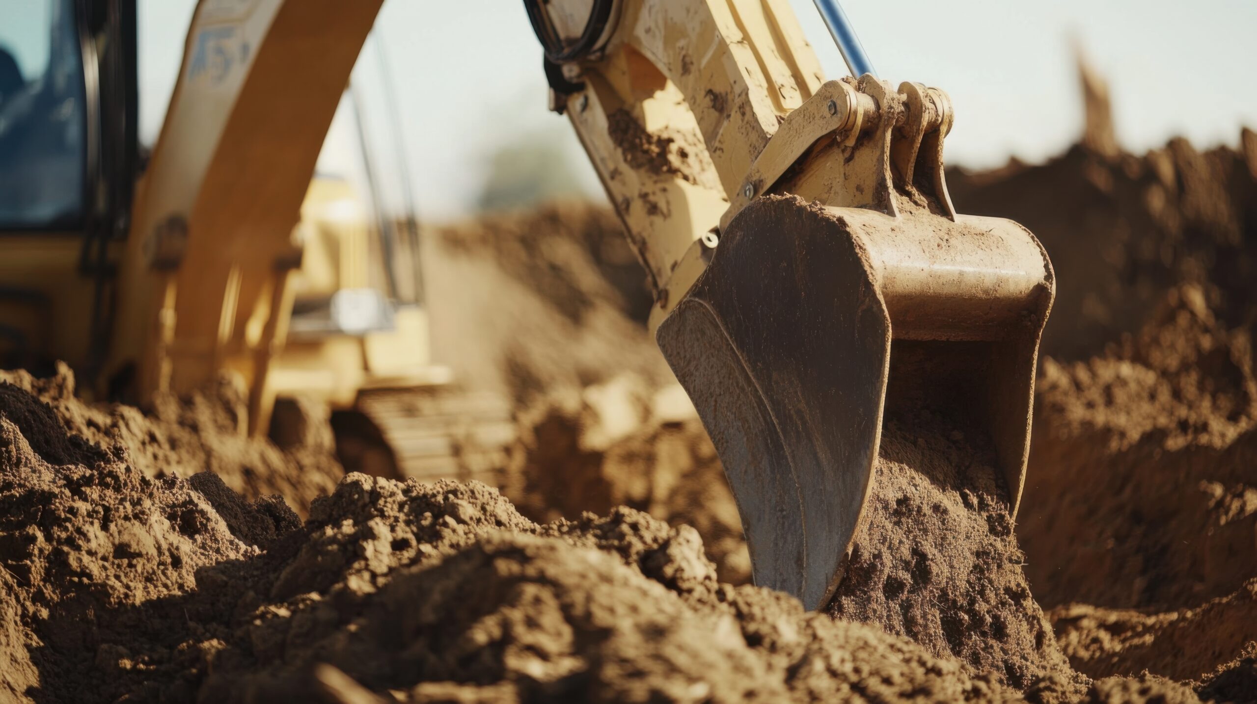 Backhoe operator excavating soil for foundation. Large-scale construction site