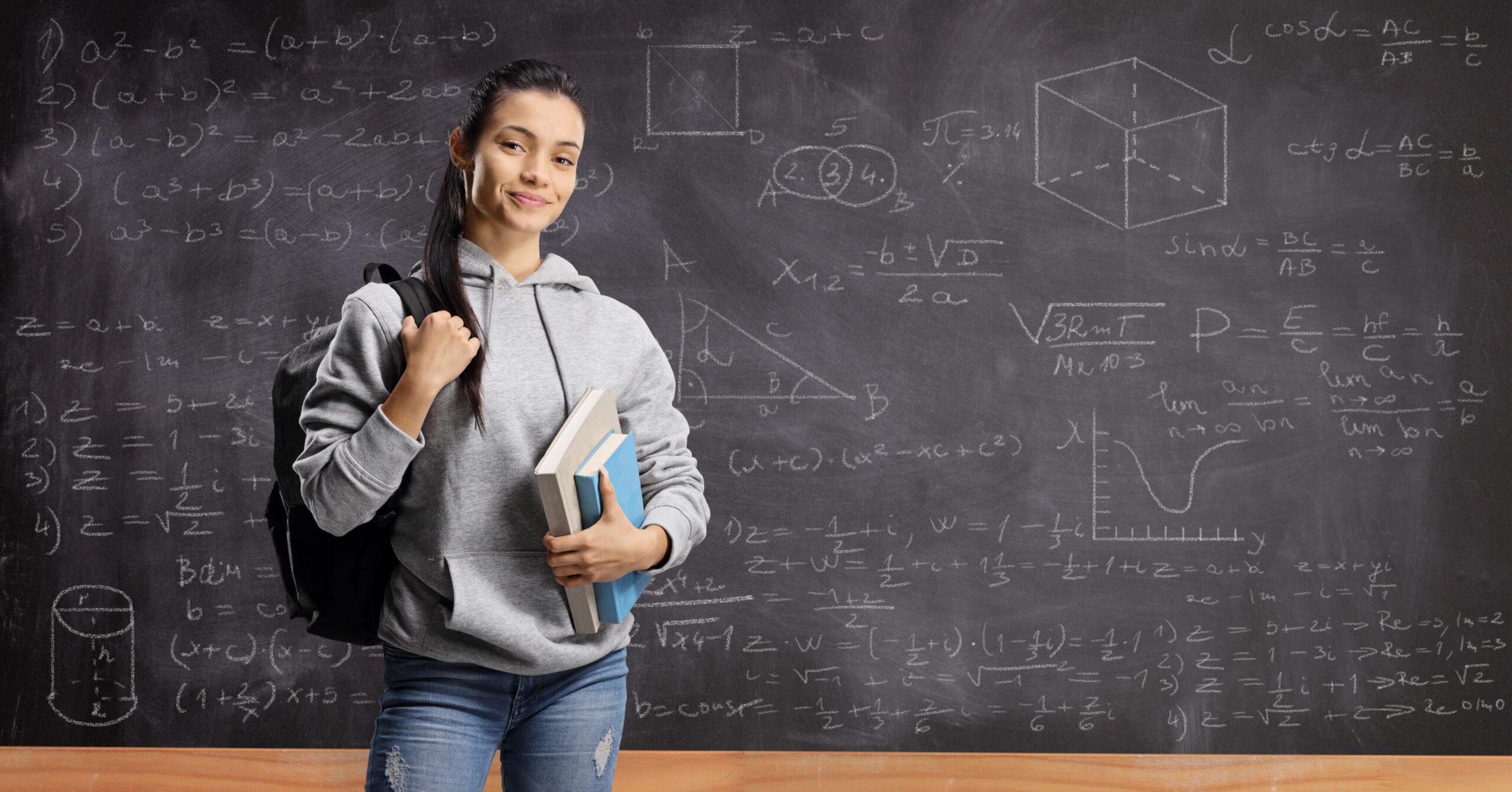Student with a blackboard with math formulas