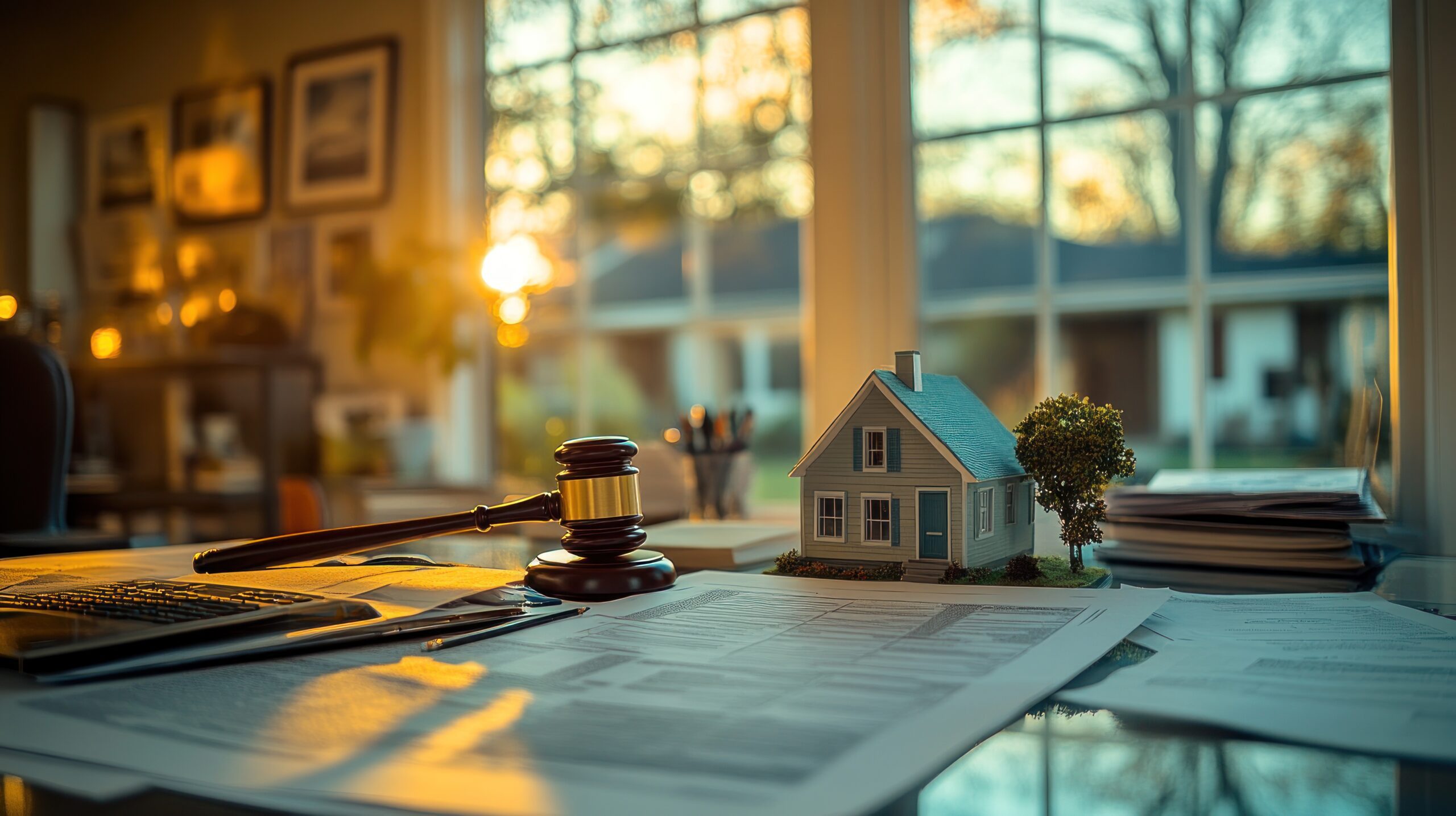Gavel and model home on a desk with papers, symbolizing real estate and legal proceedings.