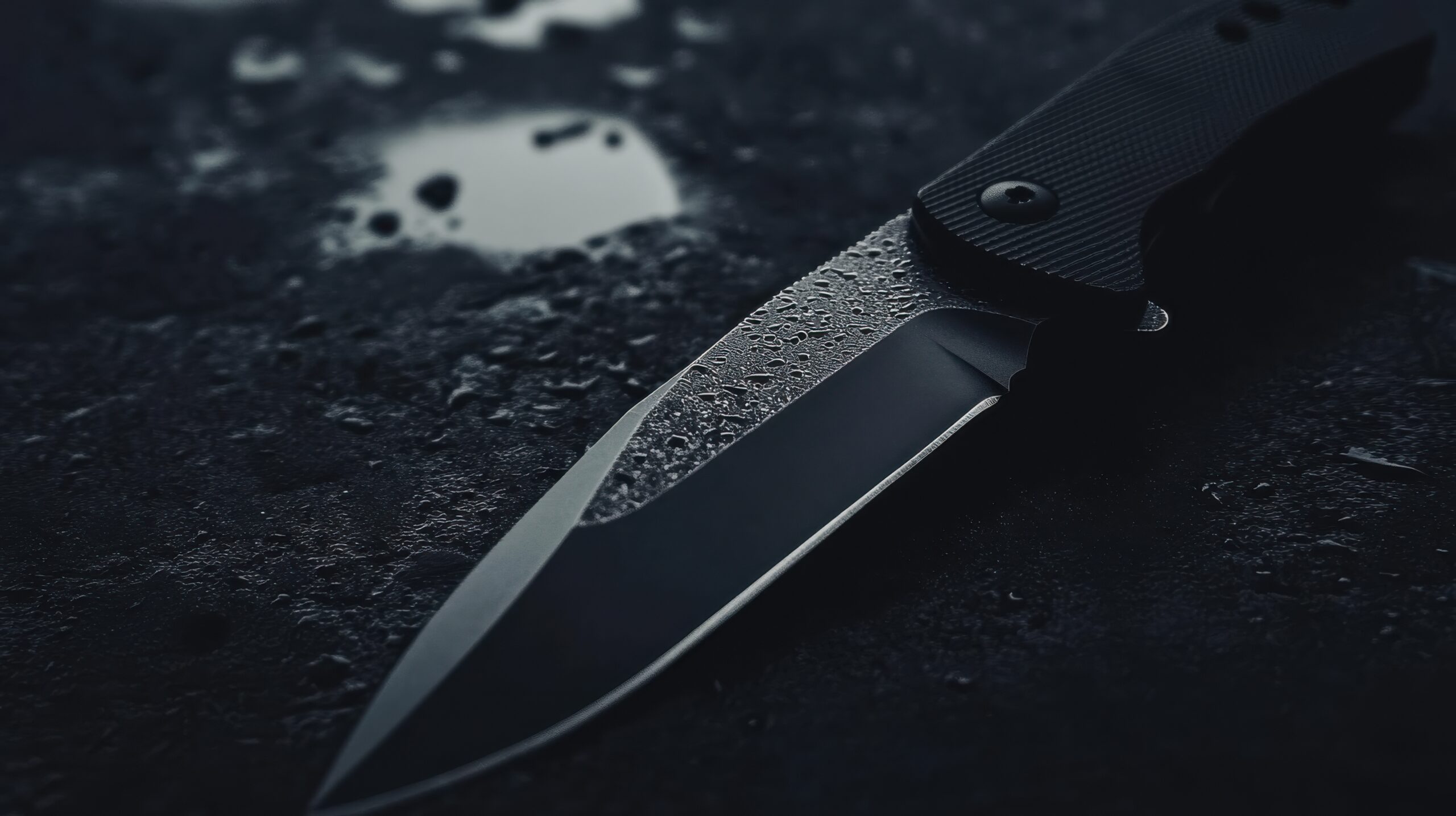 A black knife with a silver blade is laying on a wet surface